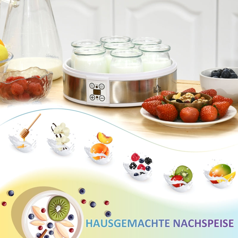 Yogurt Maker Machine, 7 Glass Jars, Stainless Steel, Silver and White