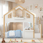 House Bunk Bed 90x200cm with LED & Storage Stairs, White+Natural