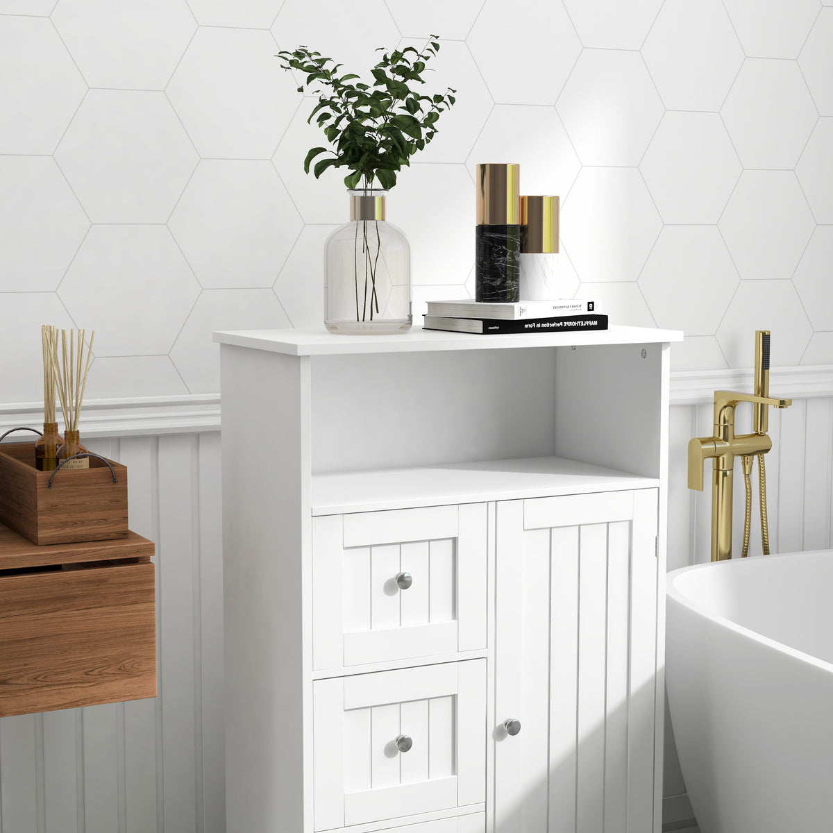 Bathroom Standing Storage Cabinet, 3 Drawers 1 Door - White
