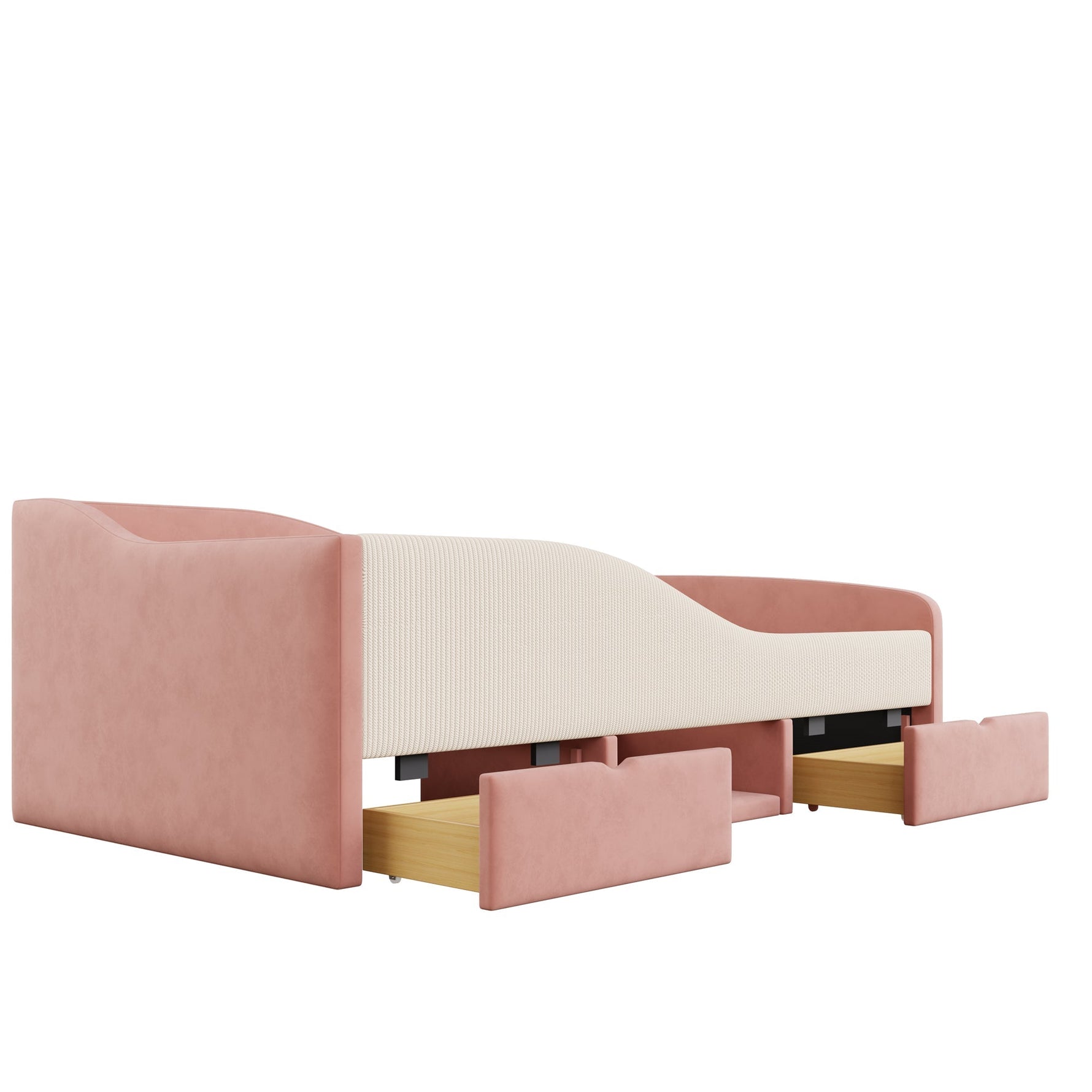 Upholstered Sofa Bed 90x190cm Multifunctional with Two Drawers and Railings Pink/Cream Velvet