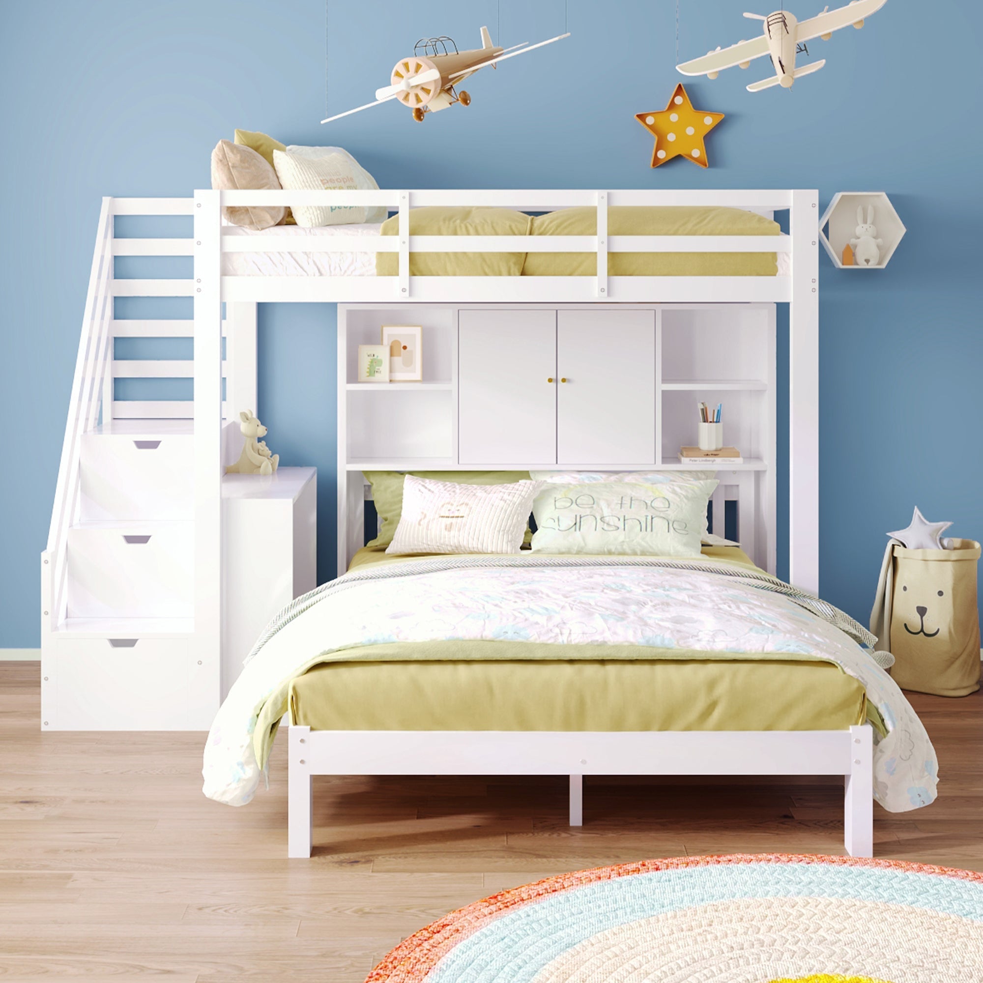 Children's Bunk Bed with Storage Stairs and Movable Side Table, 90x200cm and 140x200cm, White