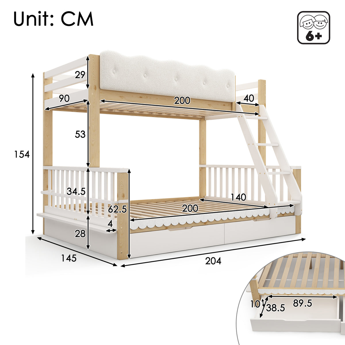 Children's Bunk Bed 90x200/140x200 with Drawers, White & Oak