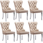 Dining Chair Set of 6 Upholstered Nailhead Trim Door Knocker Back Beige Velvet
