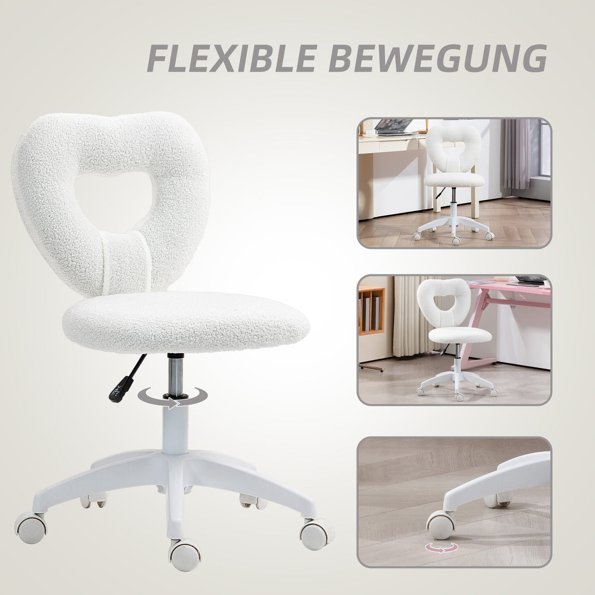 Desk Chair, Swivel Home Office Chair with Heart-Shaped Backrest, Height-Adjustable, White