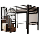 Loft Bed 140x200cm with Safety Ladder Iron Frame Storage Area - Black