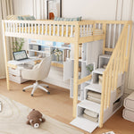 Loft Bed with LED Lights, Desk, Shelves and Storage Ladder, 90x200cm, White and Natural Wood
