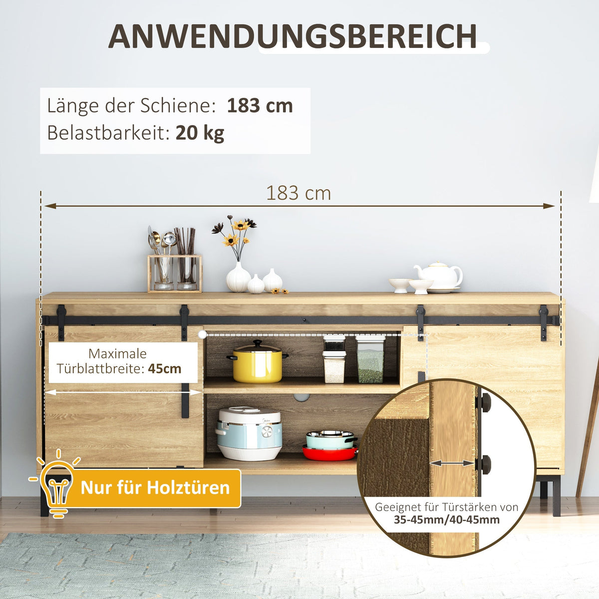 Sliding Door System, Double Wooden Doors, Carbon Steel, Black