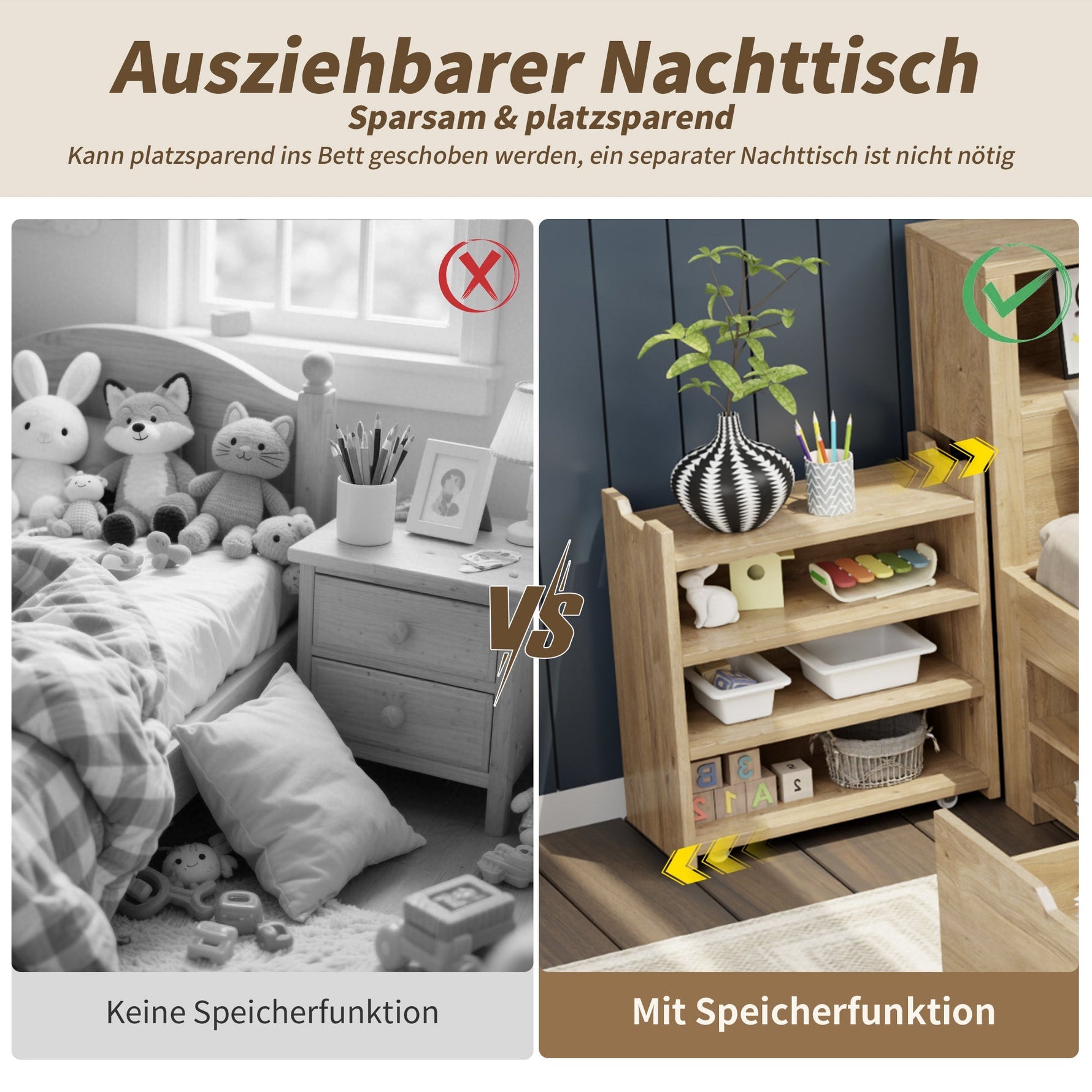 Multifunctional Children's Storage Bed with Nightstands, Shelves and Wireless Charging, Natural