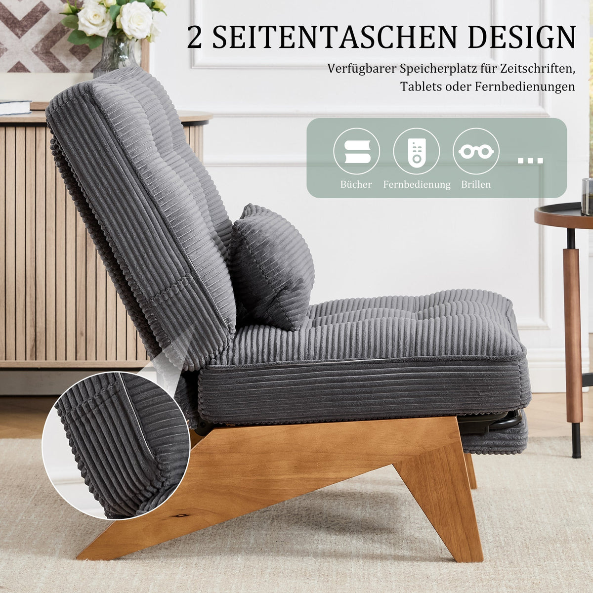 Lounge Chair Adjustable Backless Footrest Lumbar Cushion Wooden Legs, Fabric