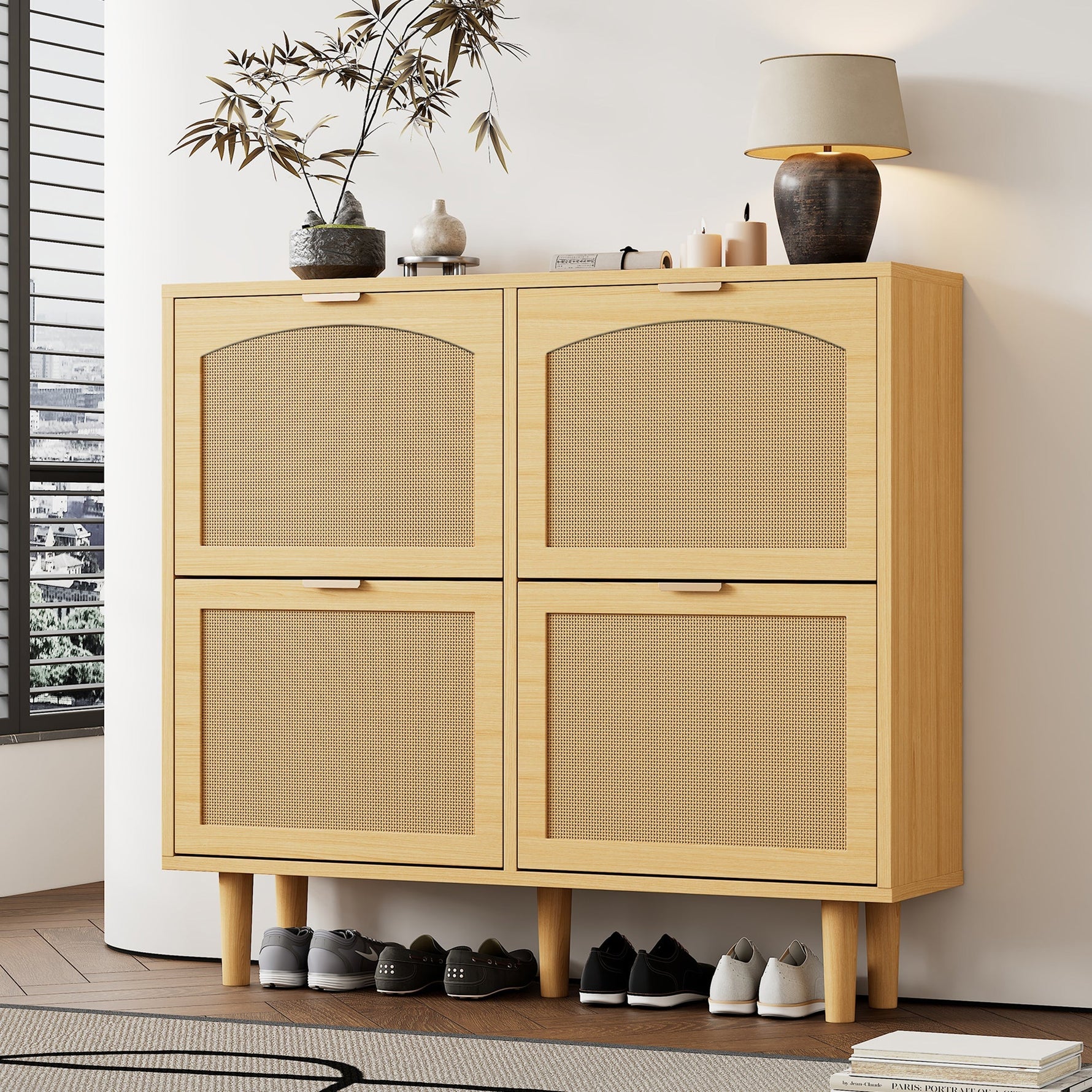 Shoe cabinet with 4 folding drawers, rattan and metal, wooden
