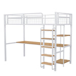 Metal Loft Bed with Safety Ladder, Table & Shelves, White