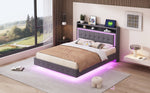 Upholstered Bed 140x200, USB & LED Light, Linen Fabric Gray