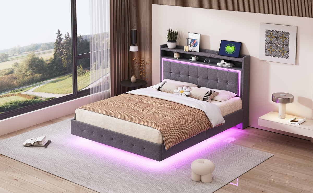Upholstered Bed 140x200, USB & LED Light, Linen Fabric Gray