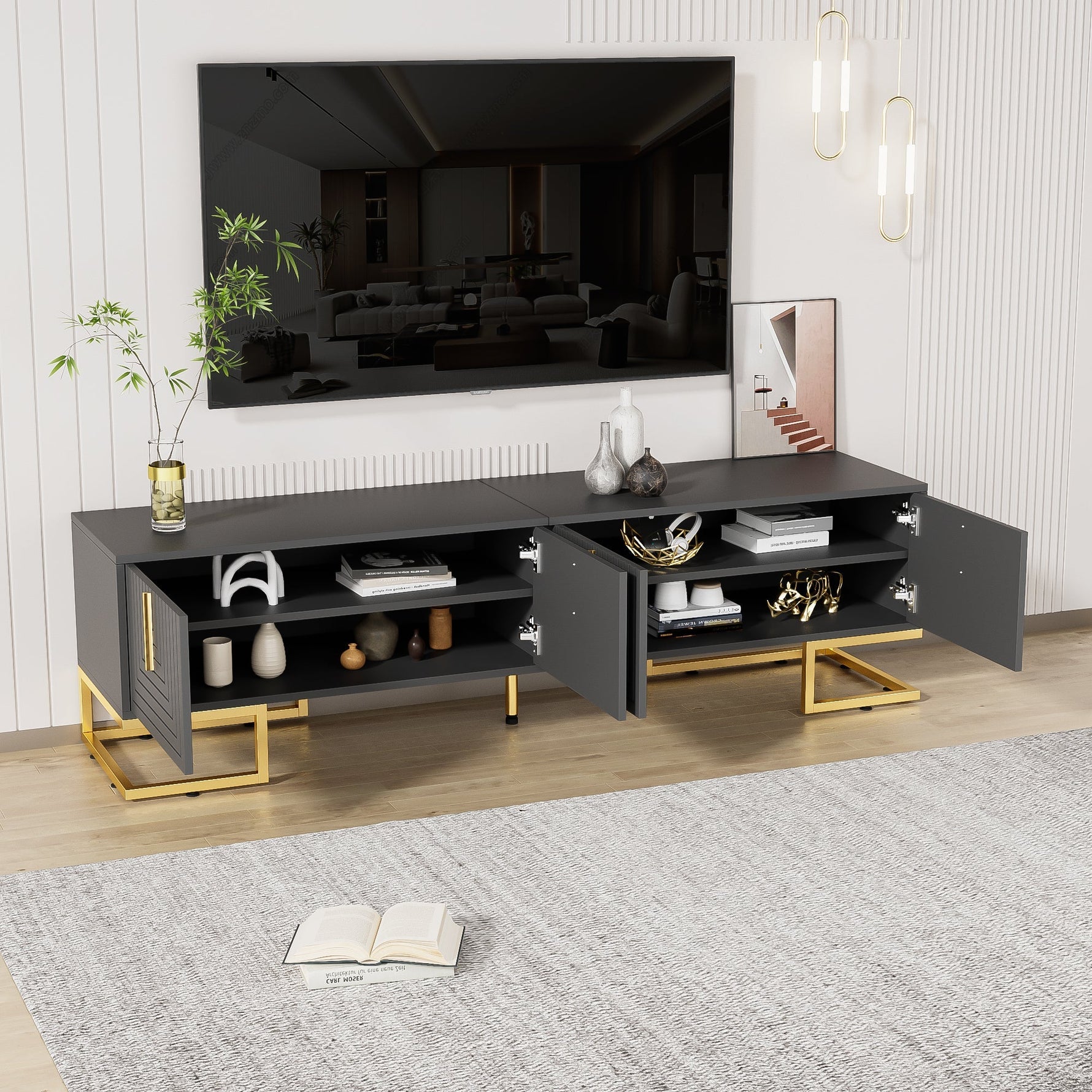 TV Lowboard Textured Door Gold Handles Gold Feet