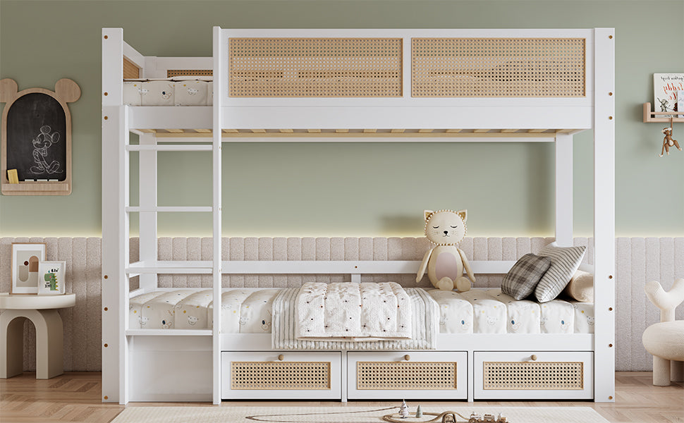 Children's Bunk Bed with 3 Drawers & Rattan Railing, White Pine Wood