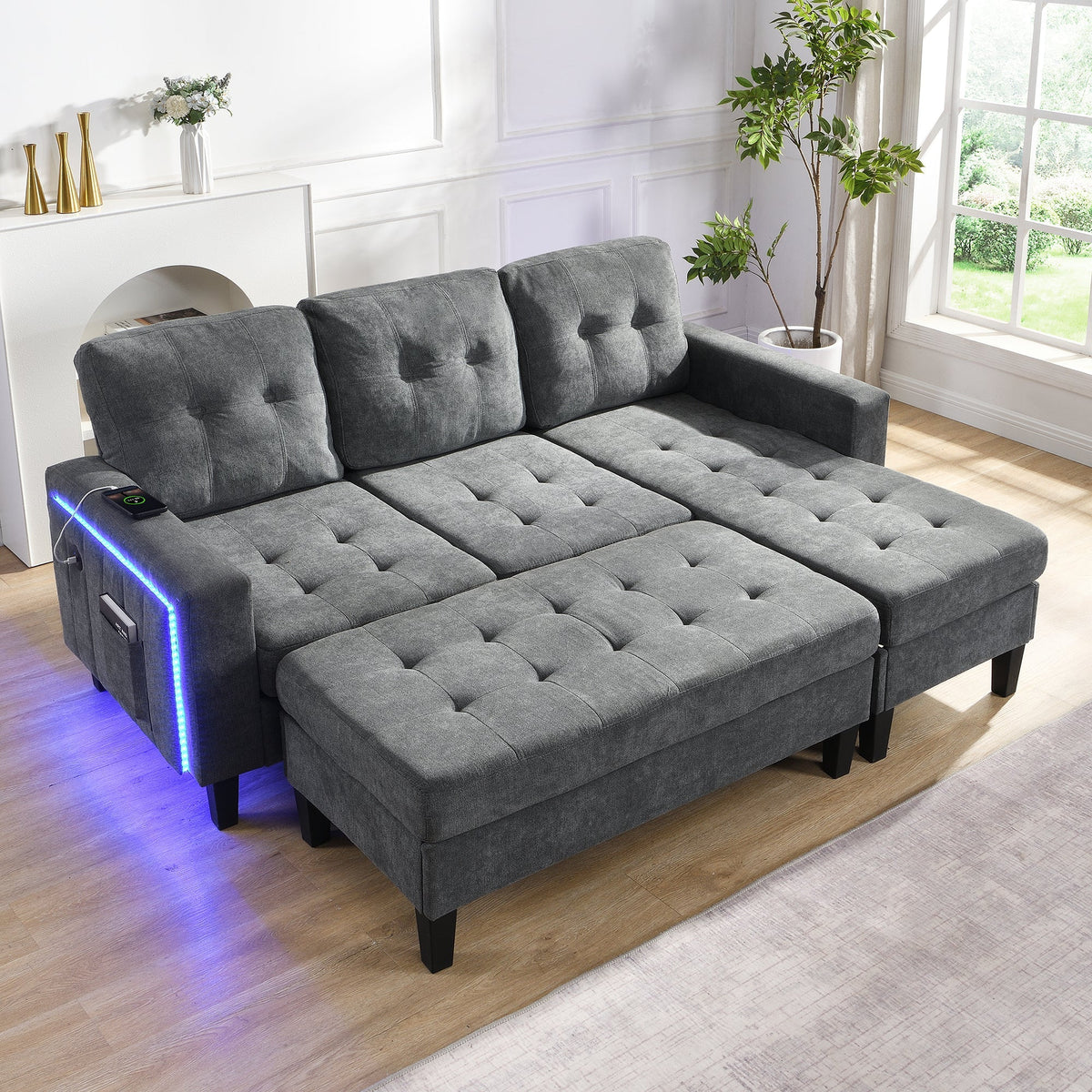 L-Shaped Sofa Set, Multifunctional with Movable Footstool & LED Lighting, Modern Modular
