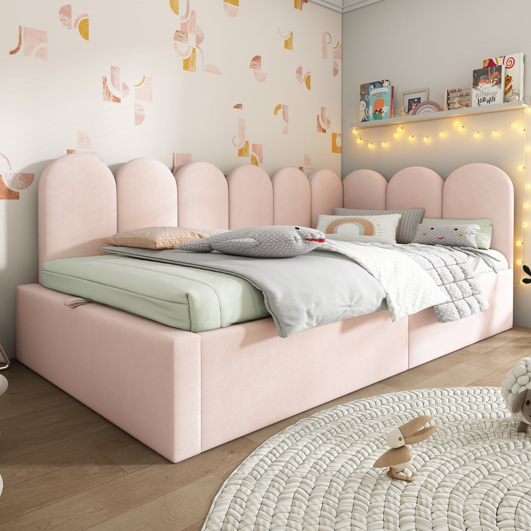 Upholstered Daybed Sofa Bed 90x190cm Hydraulic Storage Metal Slatted Base Velvet Pink