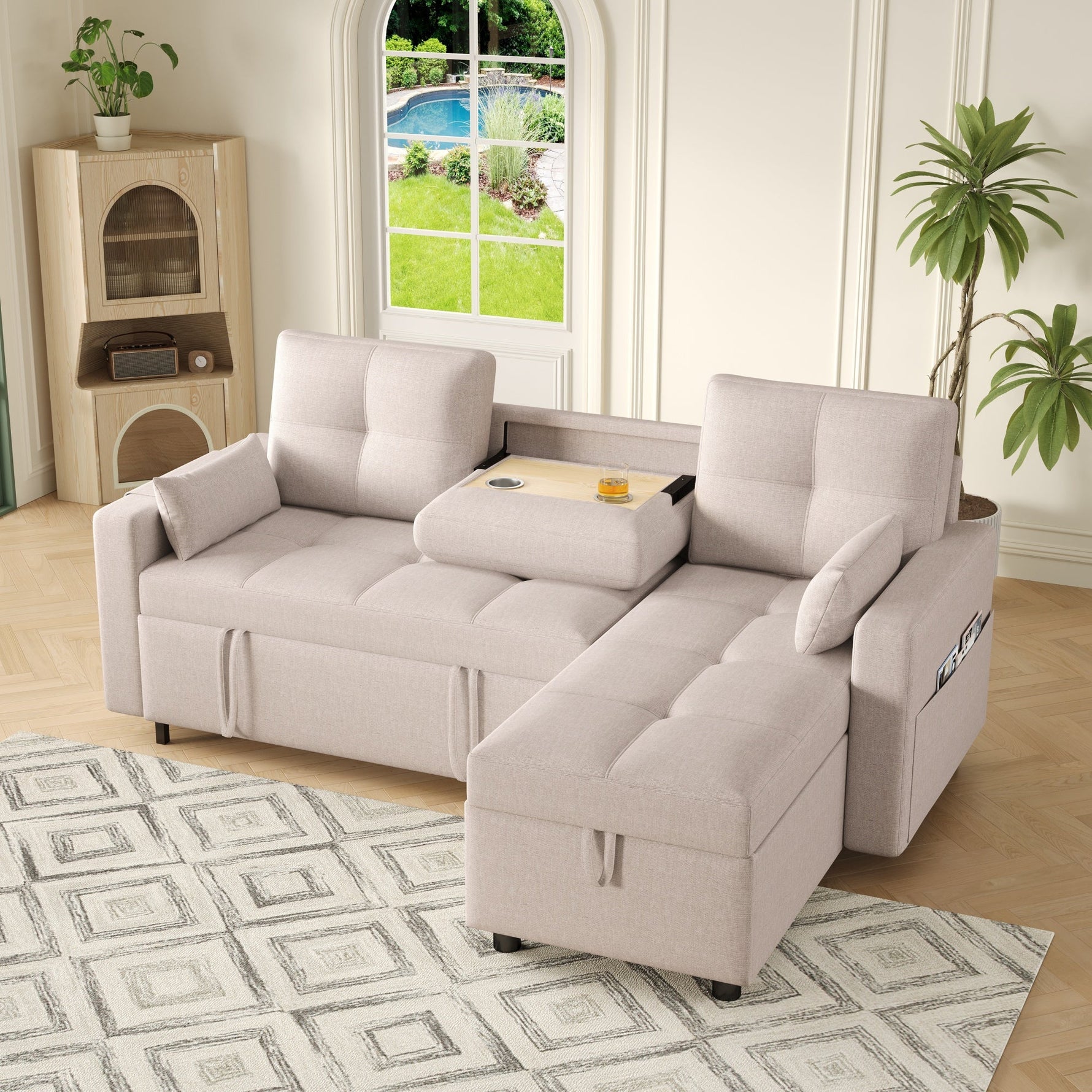 Modern L-shaped Sofa Modular Sofa Bed Pull-out with Storage & Cup Holder, Living Room