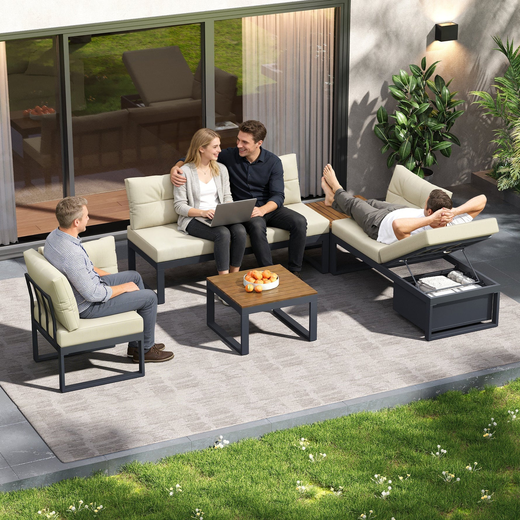 Garden Furniture Set with 3-Position Adjustable Reclining Backrest, Comfort Cushions and Storage, Beige