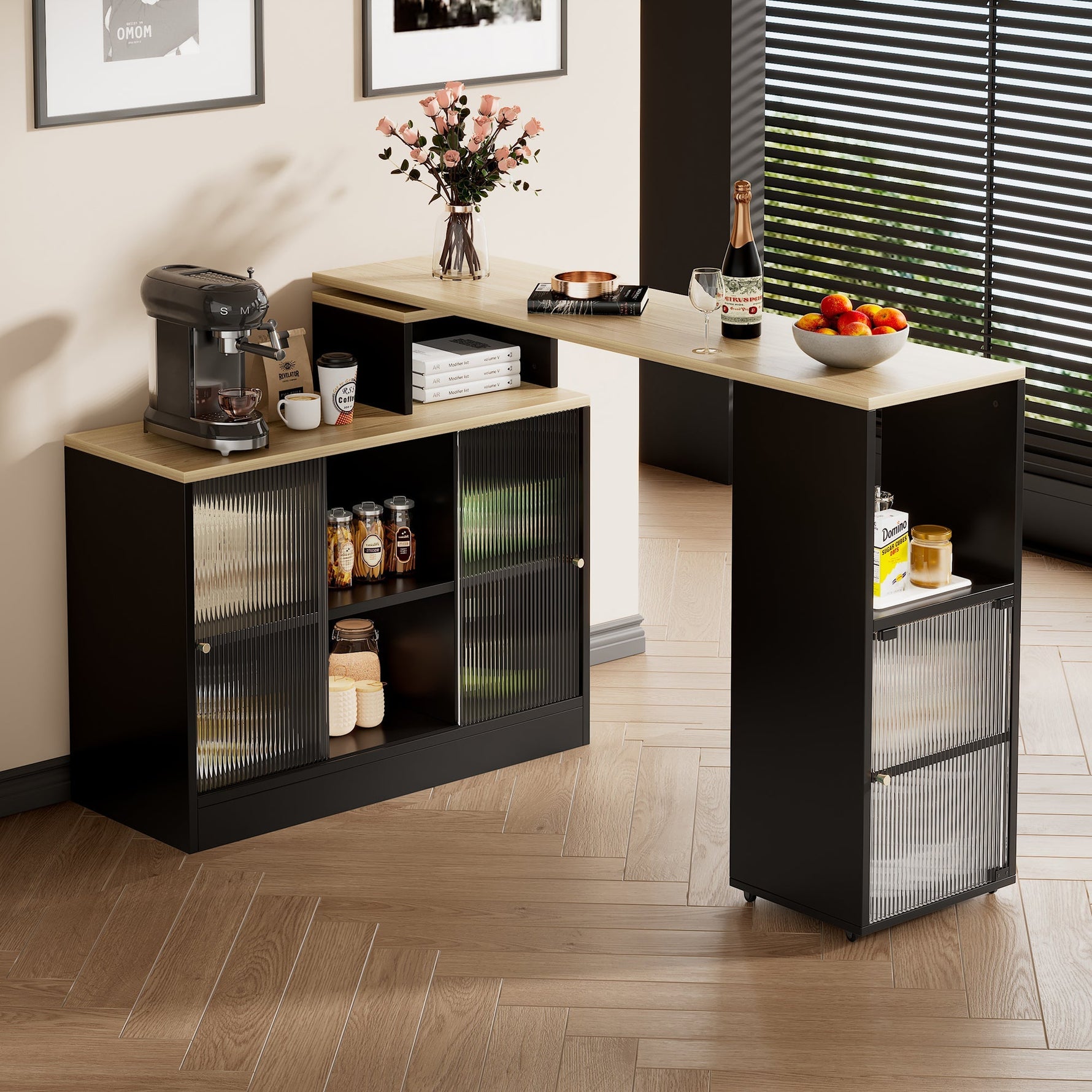 Extendable Bar Table Movable Swivel Storage Black