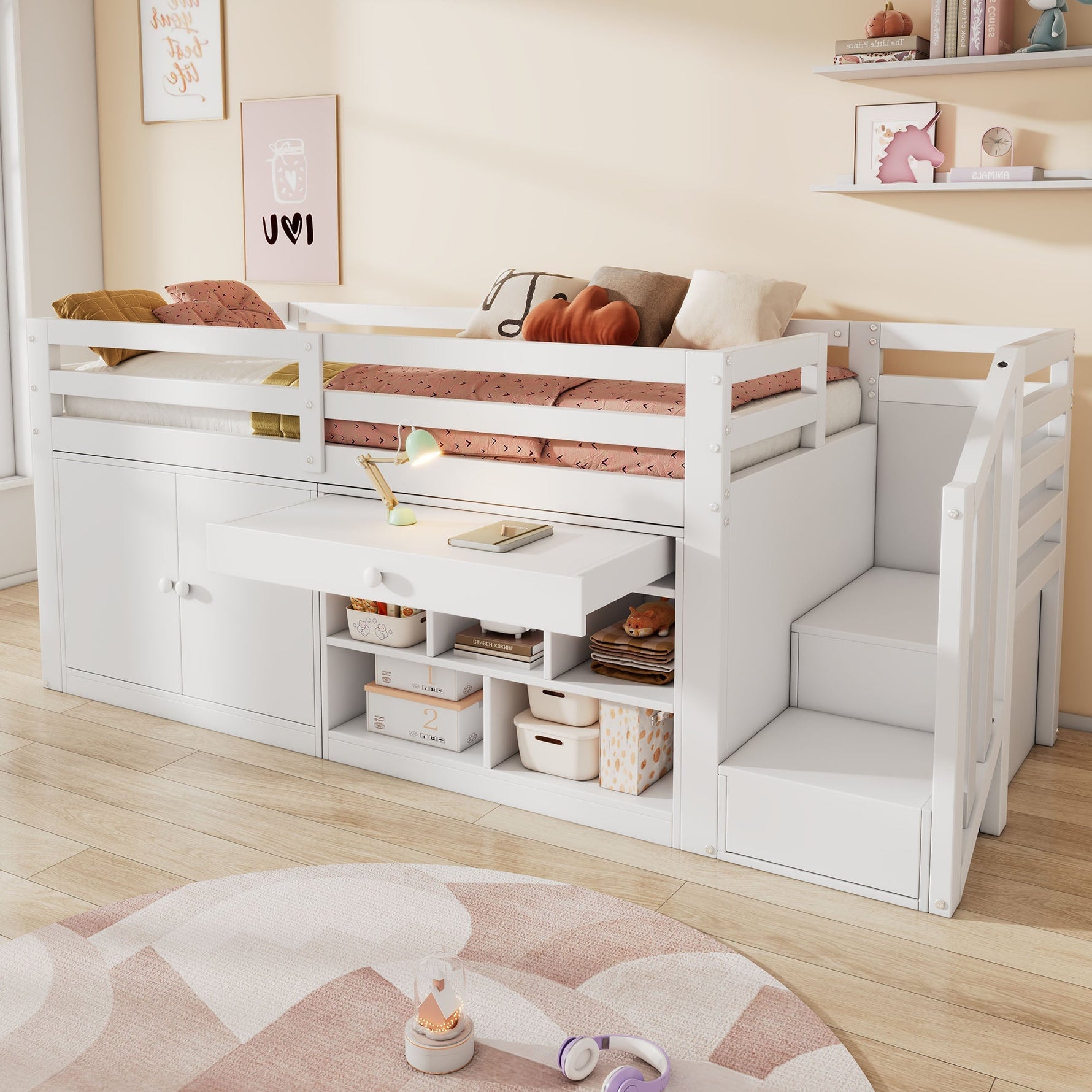 Multifunctional Children's Bed with Stairs, Storage and Convertible Desk, 90x200cm, White Wood
