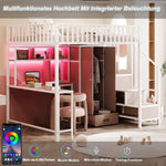 Metal Loft Bed 140 x 200 cm with Desk, Wardrobe, Storage Ladder and LED, White Metal Frame