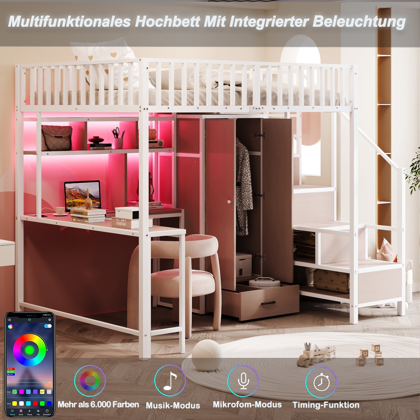 Metal Loft Bed 140 x 200 cm with Desk, Wardrobe, Storage Ladder and LED, White Metal Frame