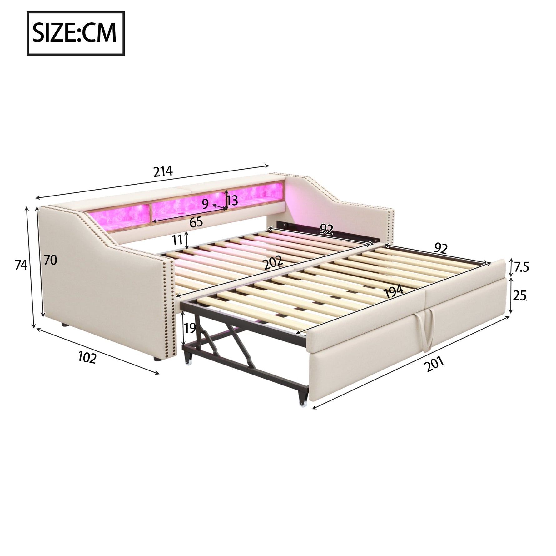 Extendable Upholstered Sofa Bed with Storage, LED and USB, 90/180x200cm, Beige Velvet