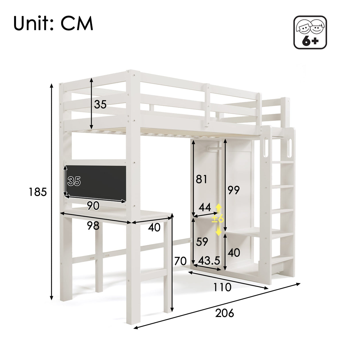 Children's Bunk Bed with Desk, Wardrobe and Shelves, 90x200cm, White