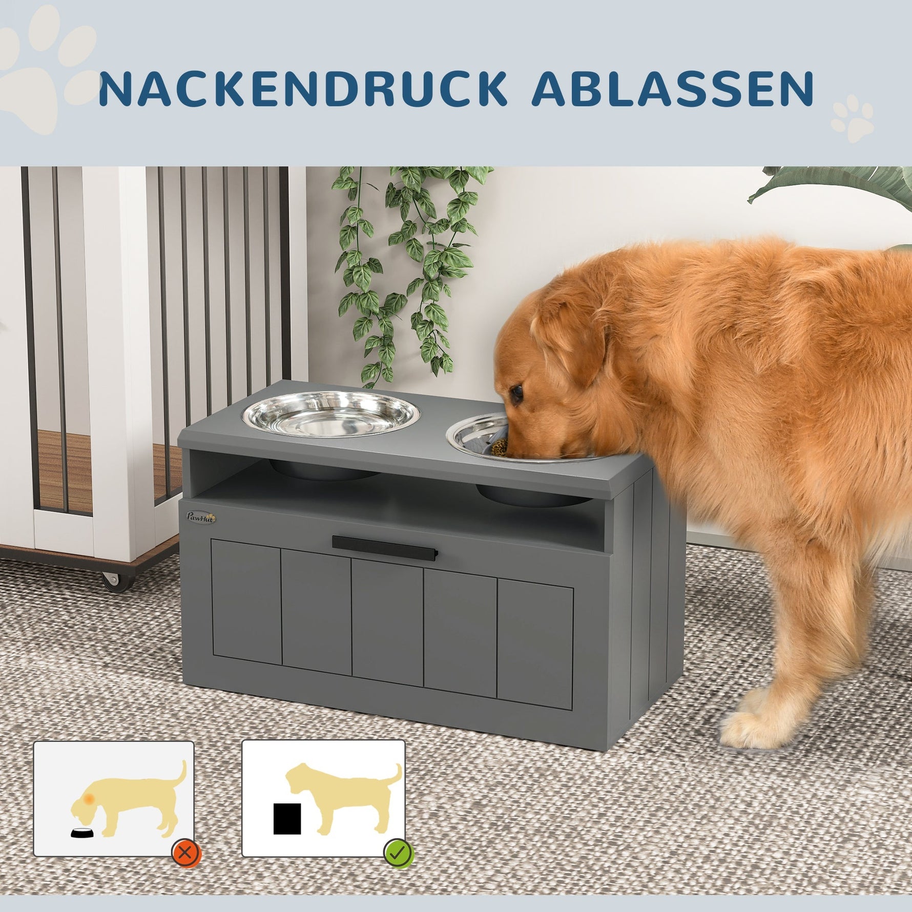 Dog Bowls, Elevated Feeding Station with 2 Stainless Steel Bowls, Gray
