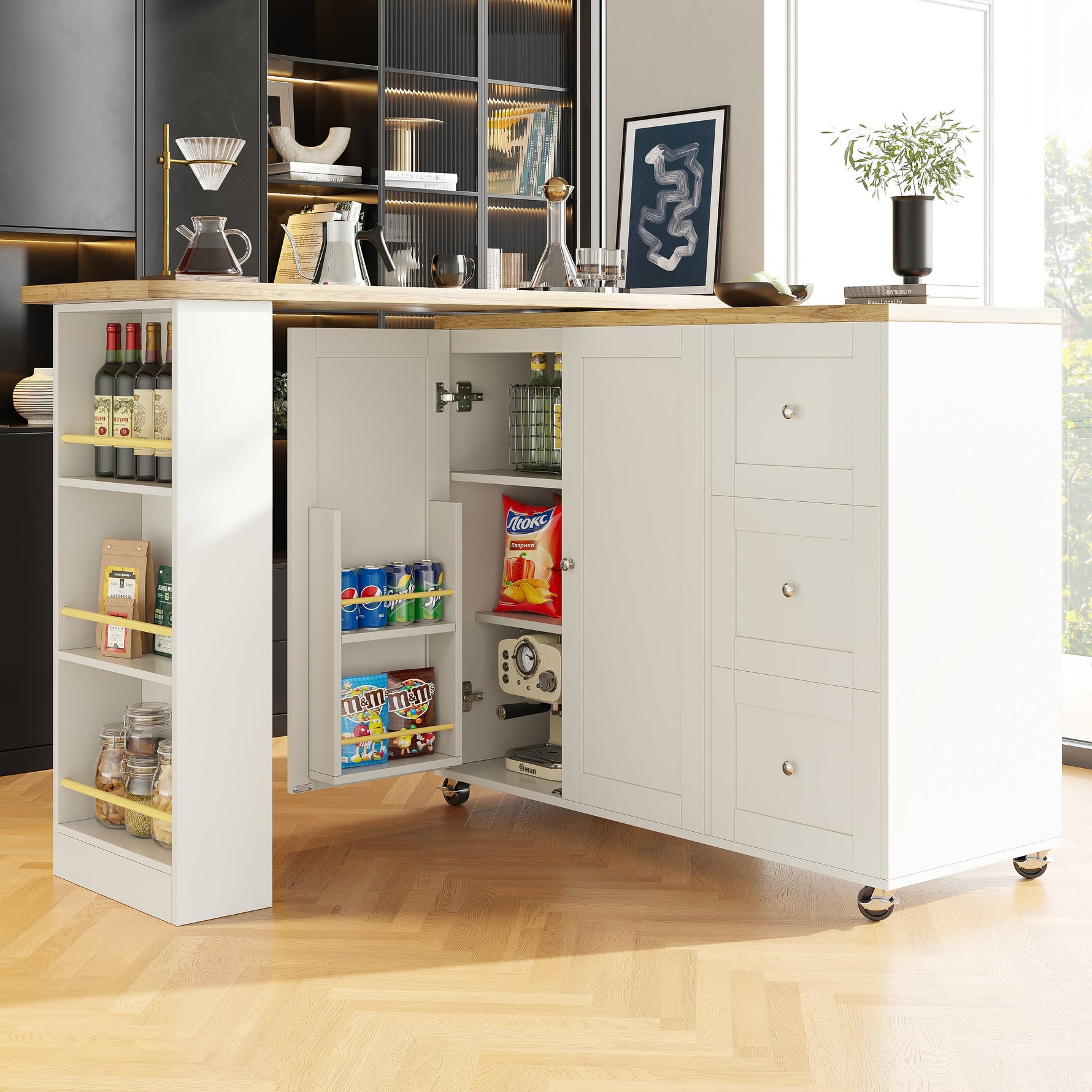 360° Rotating Bar Table Extendable Storage Island with 3 Drawers and Casters, White