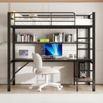 Loft Bed with Desk, LED Lights, USB and Power Outlet, Black Metal