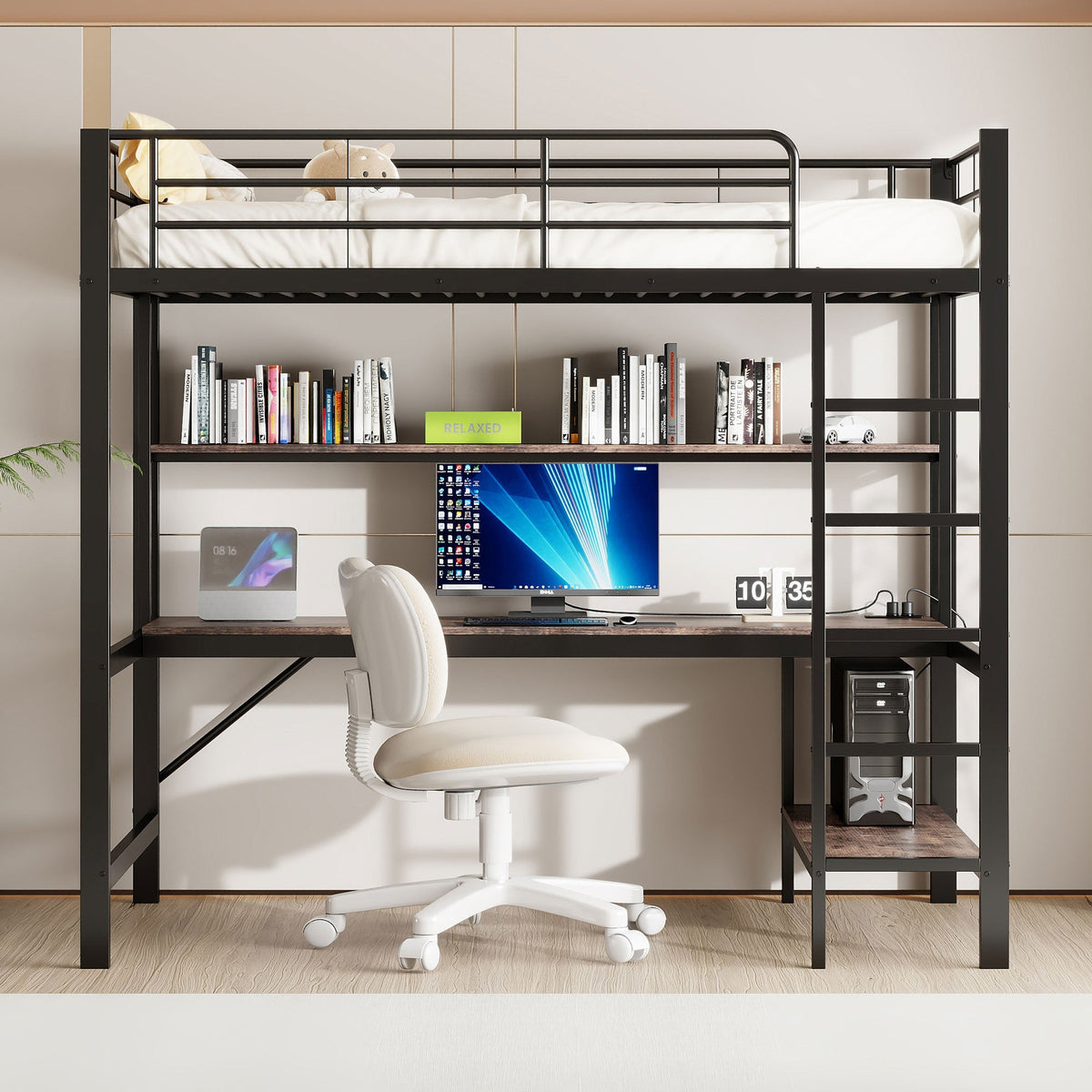 Loft Bed with Desk, LED Lights, USB and Power Outlet, Black Metal
