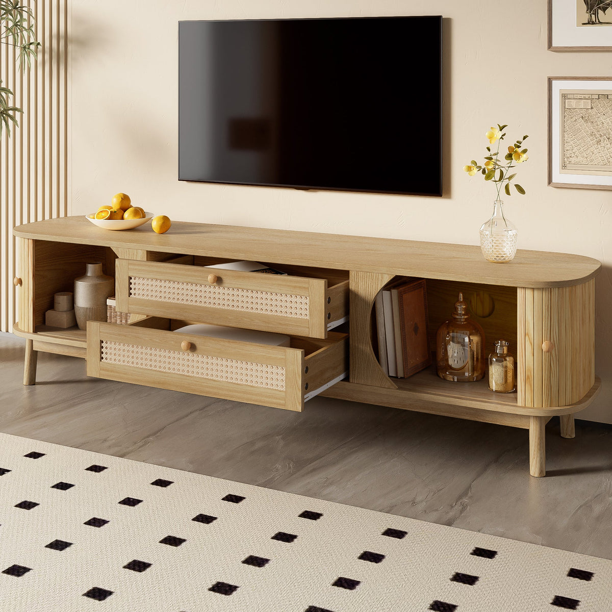 TV Cabinet with Doors, Drawers & Rattan Sides - Natural Wood Blend