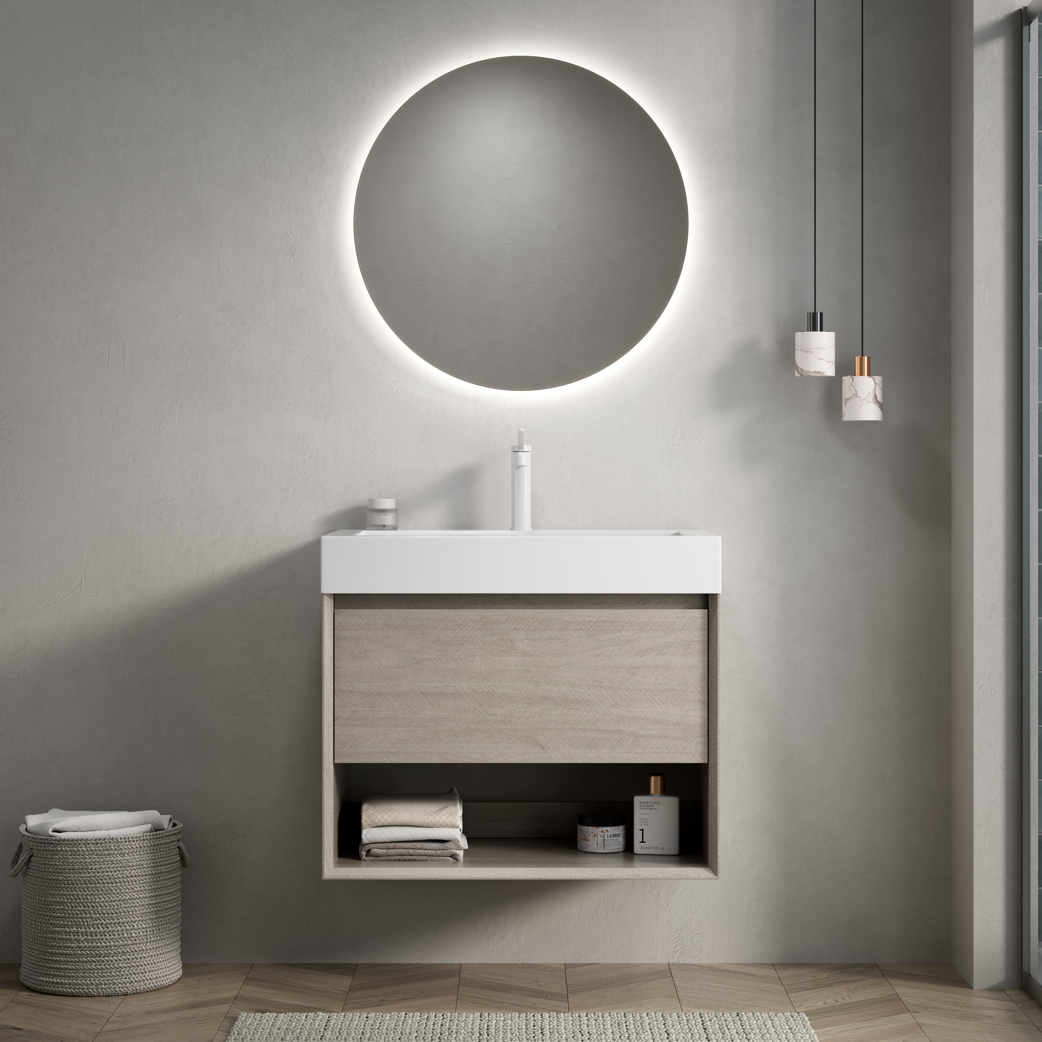 Wall-Mounted Bathroom Vanity Unit with Integrated Resin Basin and Storage, Light Oak wood Grain Color