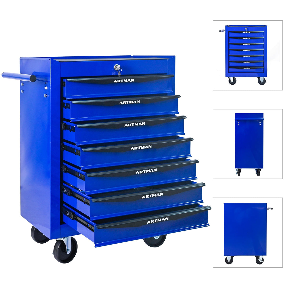 Rolling Tool Cabinet with 7 Drawers, Ball Bearing Slides, Steel Black & Blue