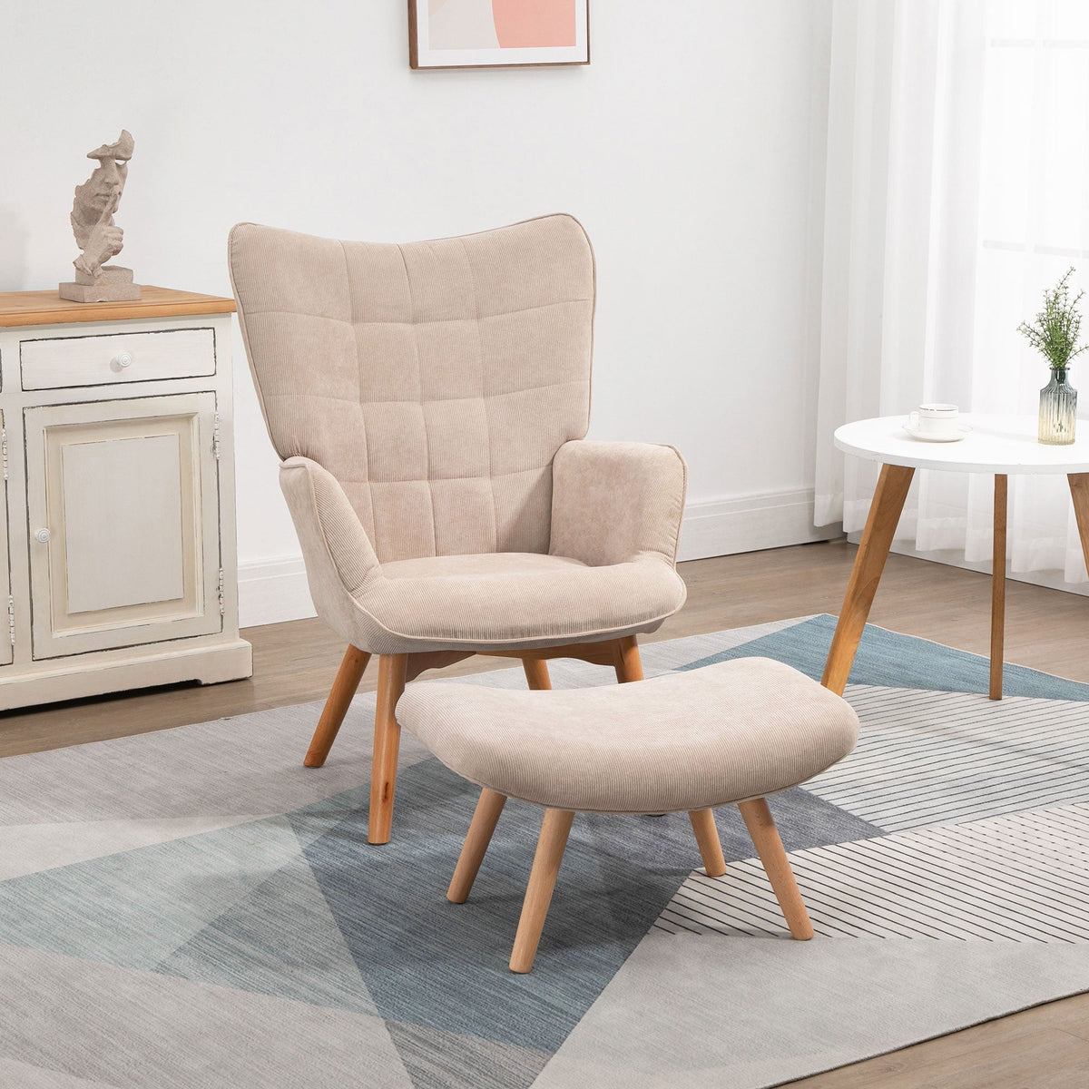 Wingback Chair with Footstool, Upholstered Corduroy, Beige