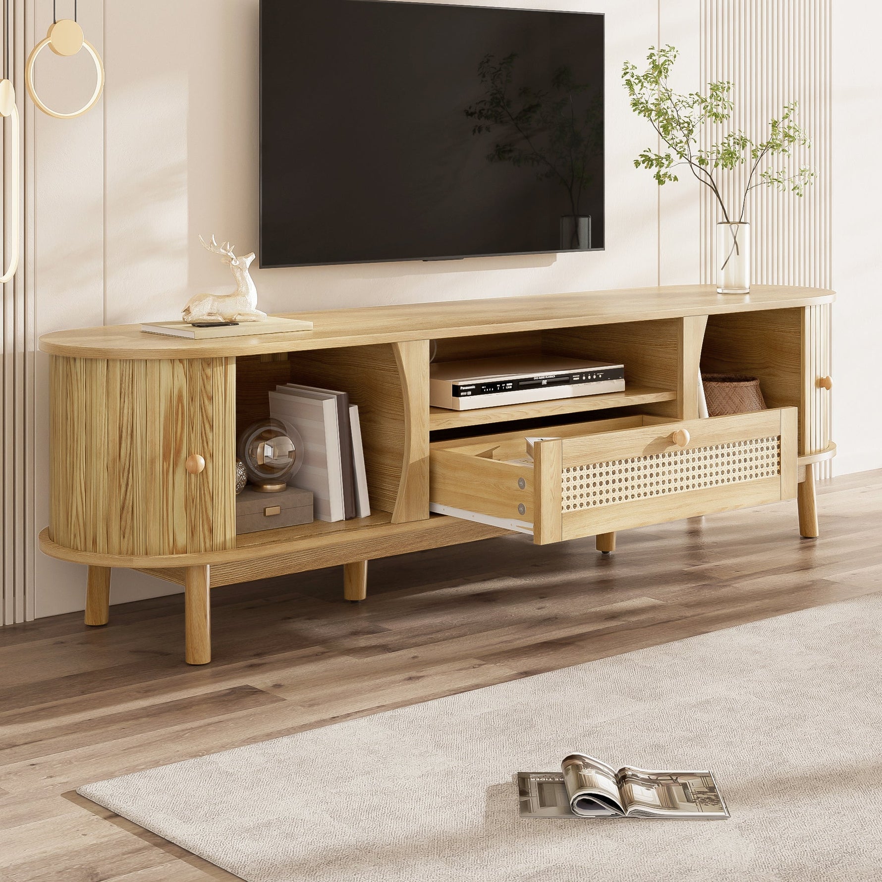 TV Cabinet Rattan Doors Drawers Low Profile - Country Style