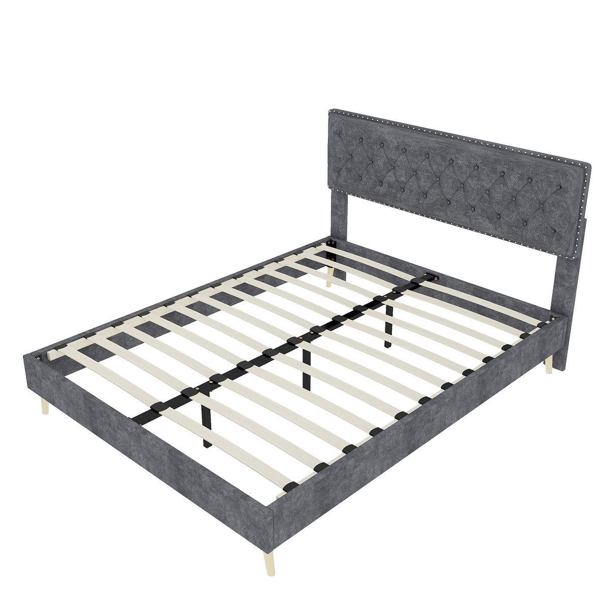 Modern Minimalist Soft Bed with 160x200cm Mattress, Gray