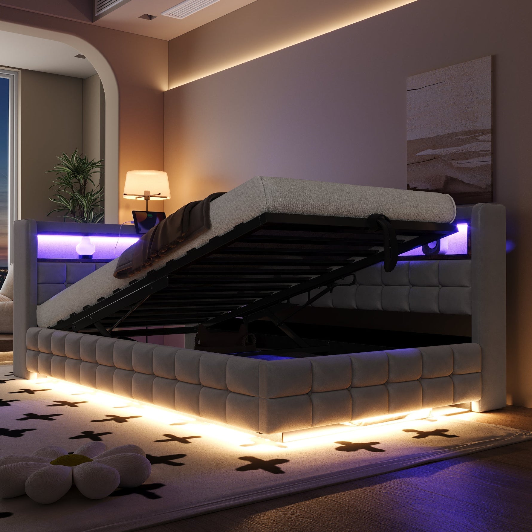 Multifunctional Upholstered Sofa Bed with Hydraulic Storage, LED and USB Ports, Light Grey Velvet