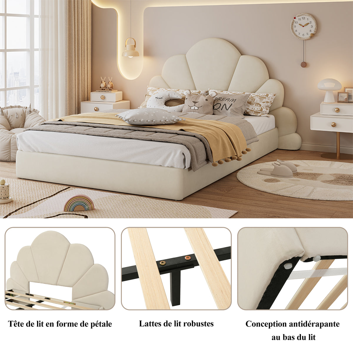 Upholstered Double Bed with Petal Headboard, 140x200cm, Beige Velvet