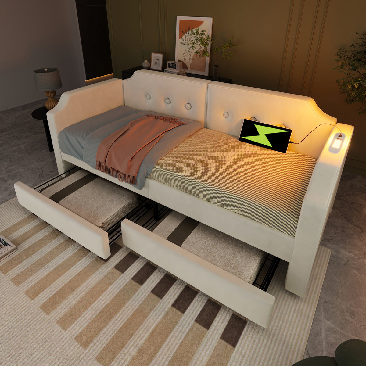 Upholstered Daybed 90x200cm with USB & 2 Drawers, Beige Velvet