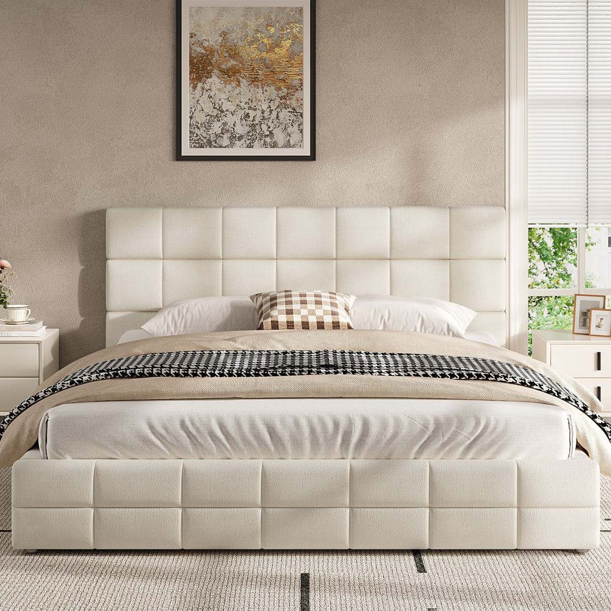 Upholstered Platform Bed Frame, 180x200 cm - Beige