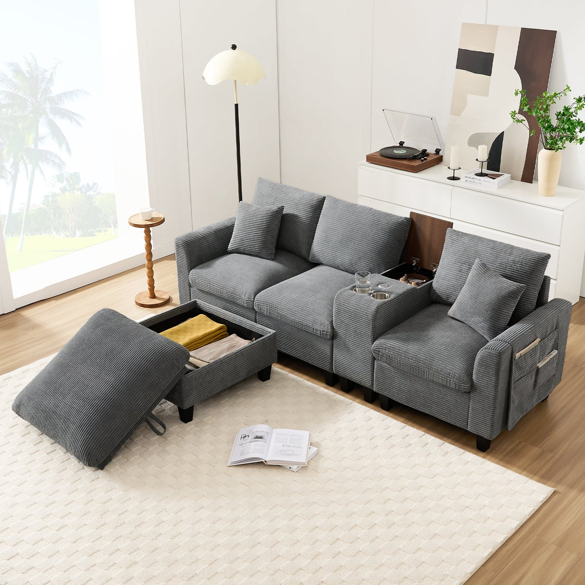 Modern L-shaped Corner Sofa Convertible Console Cup Holders USB Corduroy Fabric