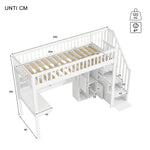 Loft Bed with LED Lights, Desk, Shelves and Storage Ladder, White Pine Wood and MDF