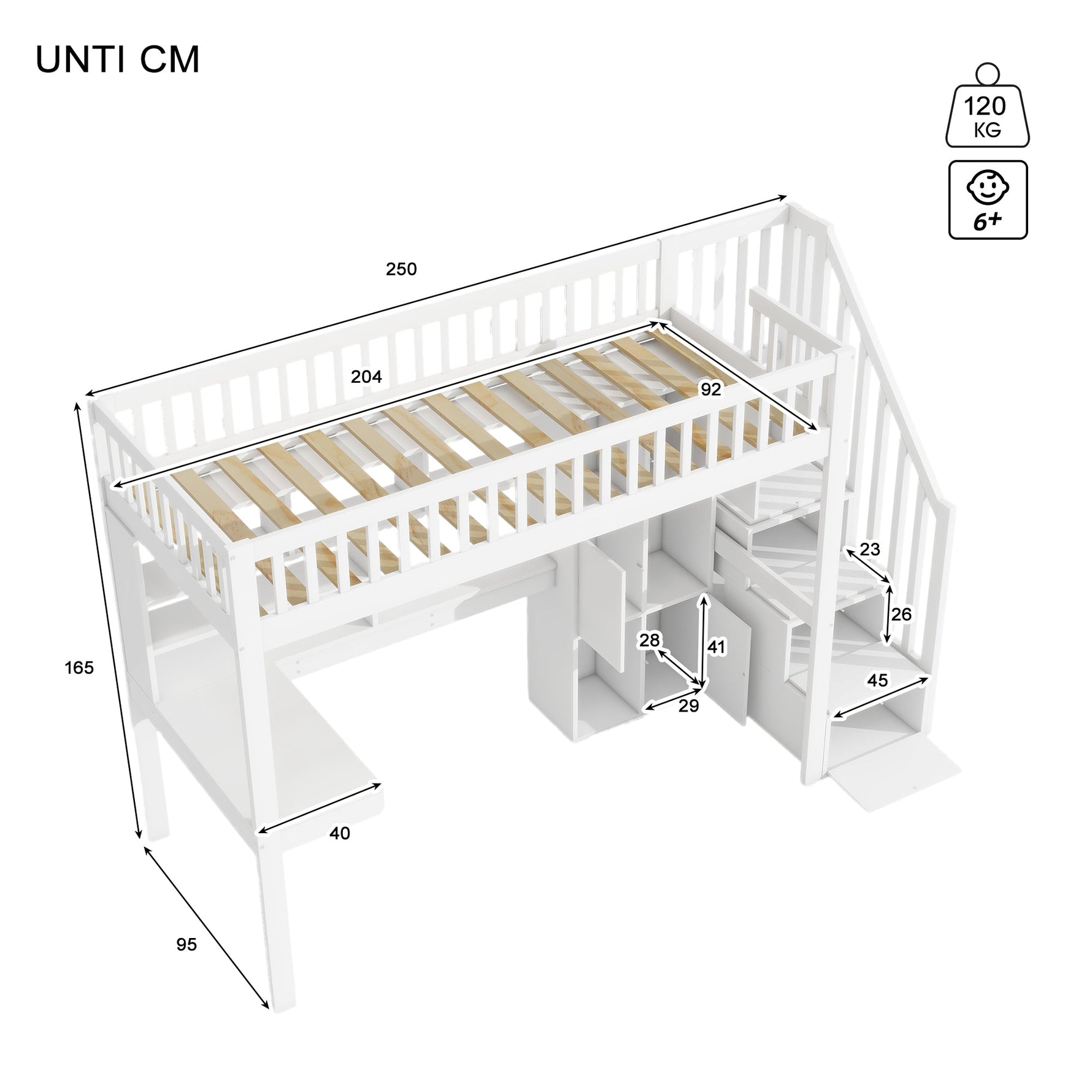 Loft Bed with LED Lights, Desk, Shelves and Storage Ladder, White Pine Wood and MDF