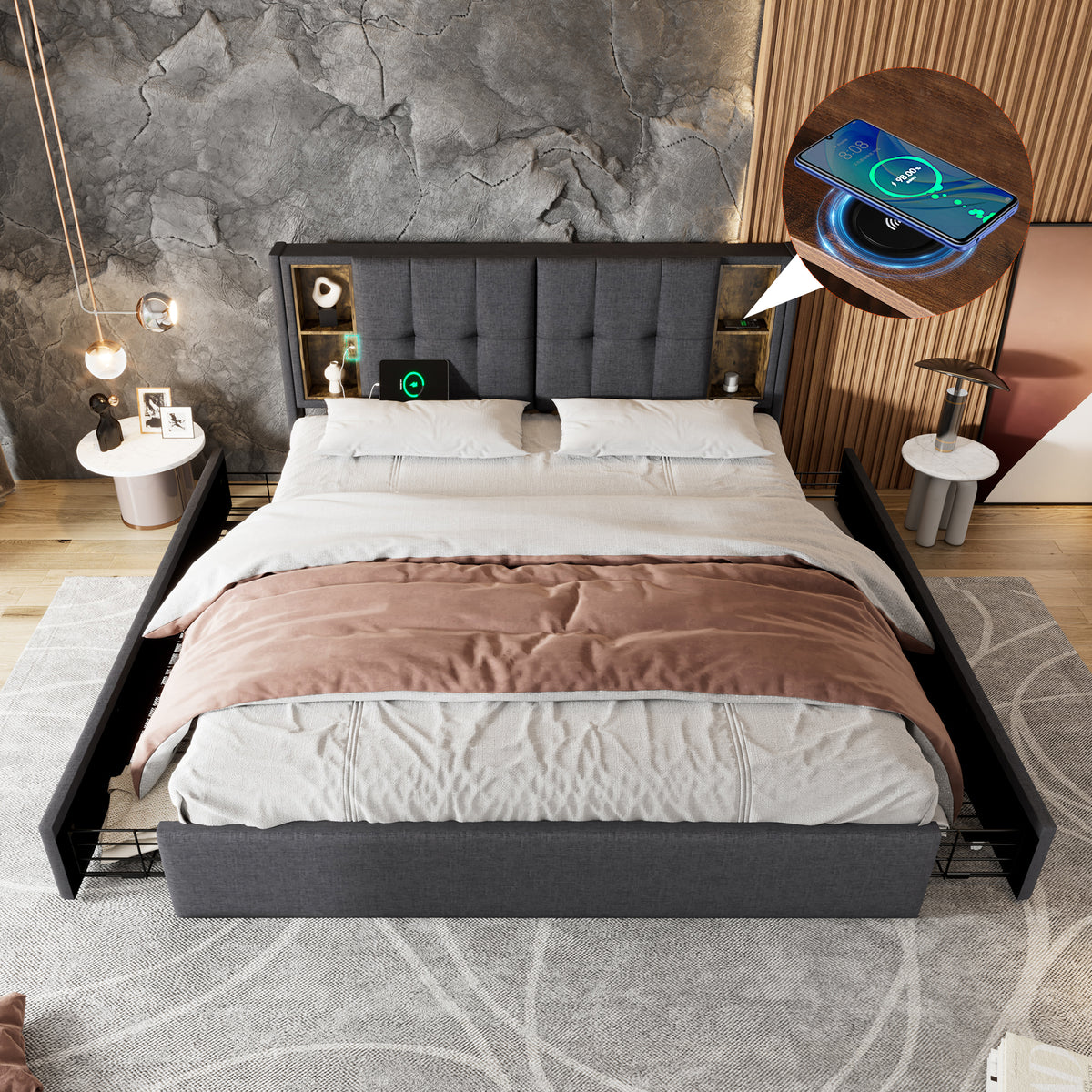 Upholstered Double Bed 160x200cm with 4 Drawers - Grey Linen