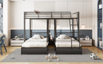 Triple Bunk Bed, Drawers, Convertible to Double & Two Single Beds, Metal, Black