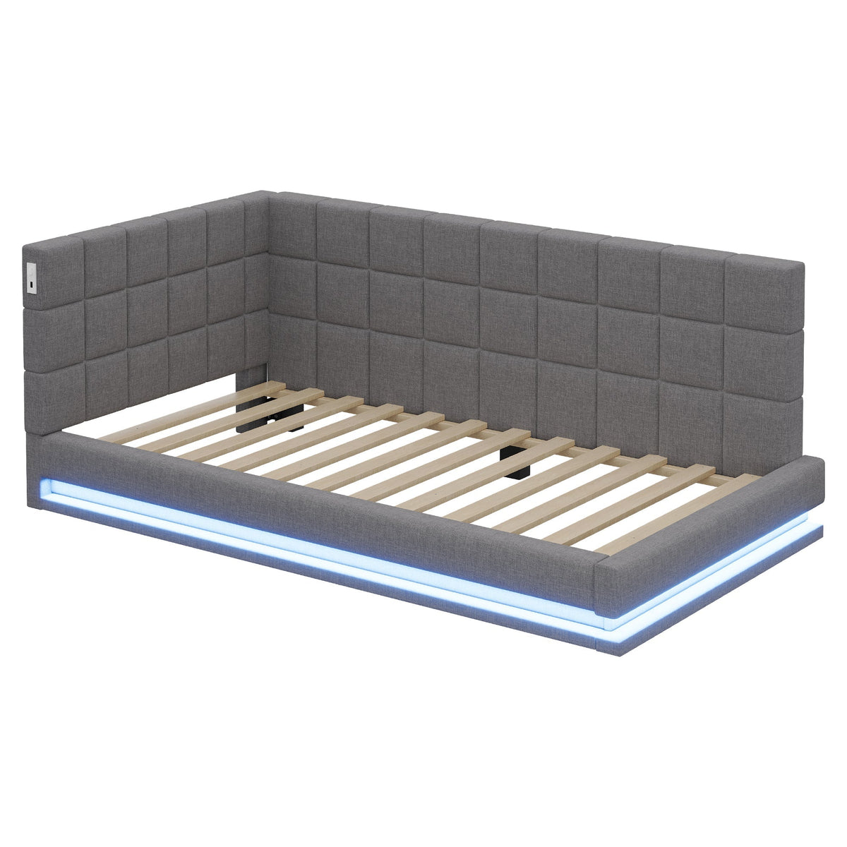 Upholstered Bed Sofa, 90x200 Multifunctional with LED & USB, Linen Fabric Grey