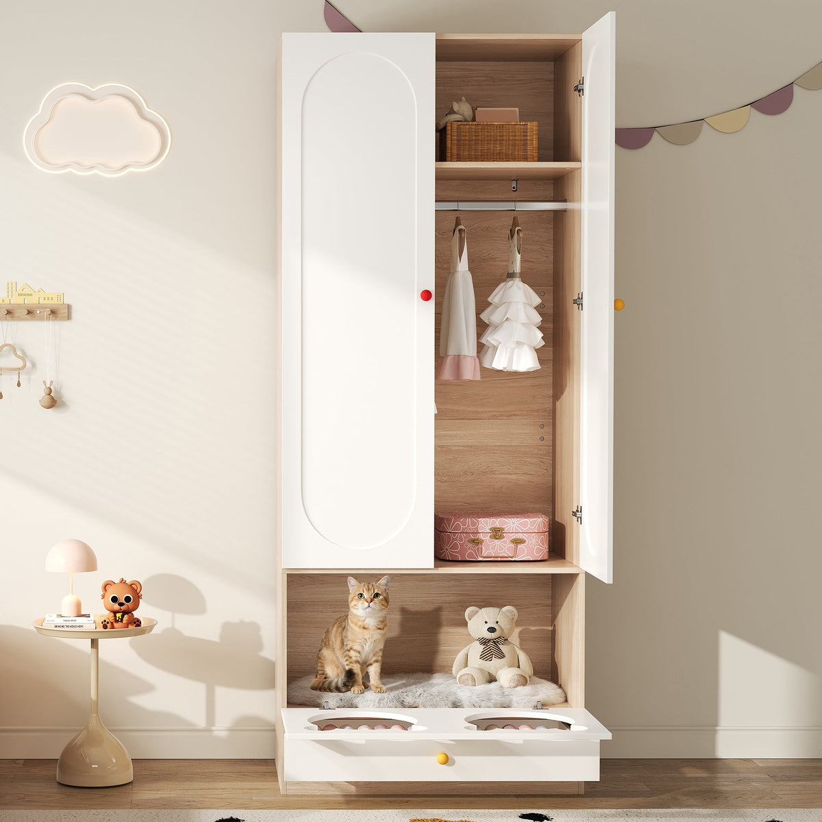 Children's Wardrobe Hanging Rail & Cat Bed 80x50x200cm White Natural Wood